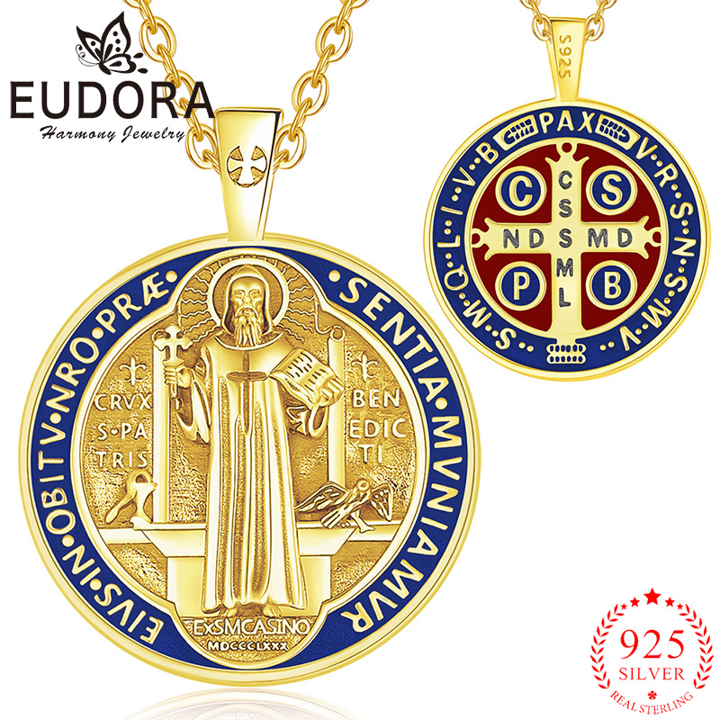 Cross Pendant Necklace Gold - Eudora 925 เงินสเตอร์ลิง Saint Benedict สร้อยคอ