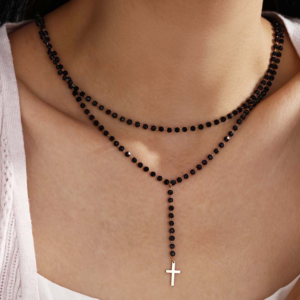 Layered Pendant Necklace Aesthetic - สร้อยคอคริสตัลสีดำสองชั้นสไตล์โกธิคประดับลูกปัดรูปตัว Y พร้อมจี้รูปกางเขนสำหรับผู้หญิง สร้อยคอยาวแบบโชคเกอร์ สไตล์เทรนดี้ เท่ห์