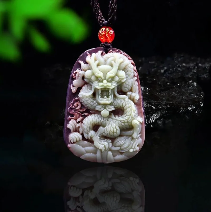 Necklaces - สีม่วง Robe หยกมังกรจี้สร้อยคอเครื่องประดับจีนธรรมชาติโชคดีอัญมณีแฟชั่นแกะสลัก Charm Man Woman