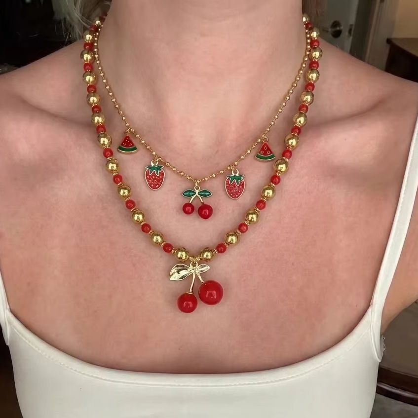 สร้อยคอจี้รูปหัวใจลายเชอร์รี่ส - Layered Pendant Necklace Aesthetic บทวิจารณ์และราคา